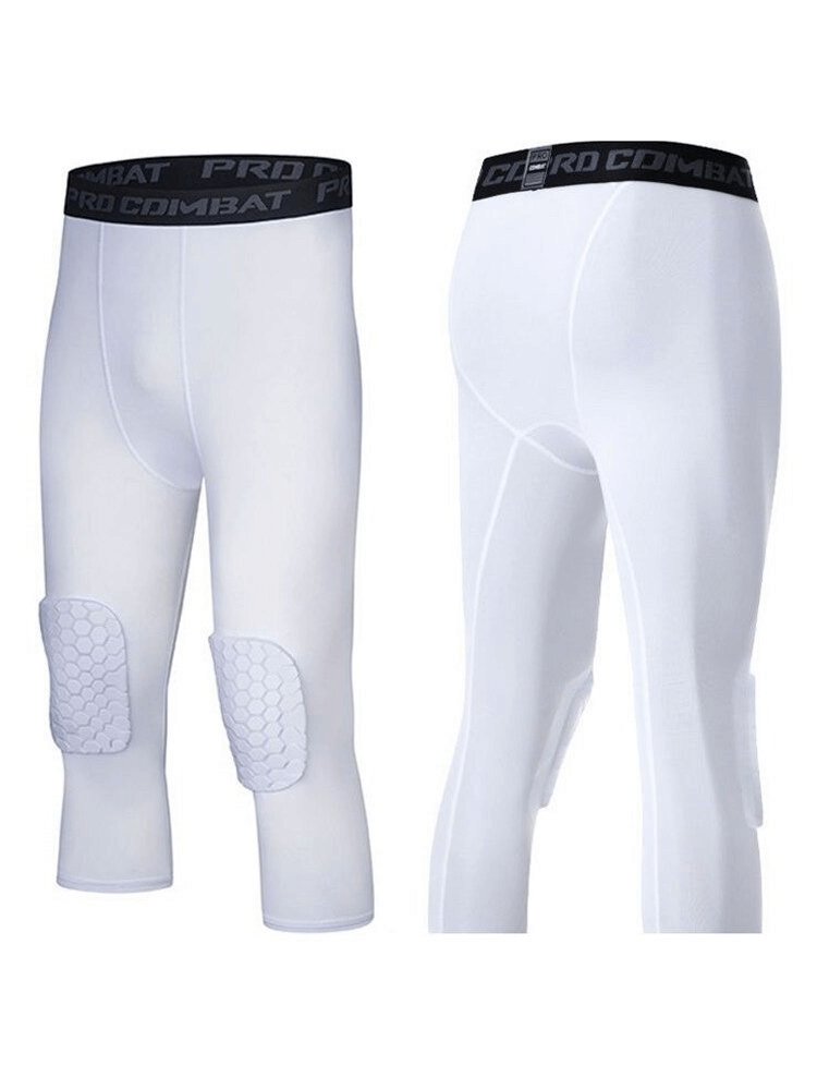 White sports elastic short men's leggings with knee pads, crafted from stretchy nylon and polyester, ideal for exercise.